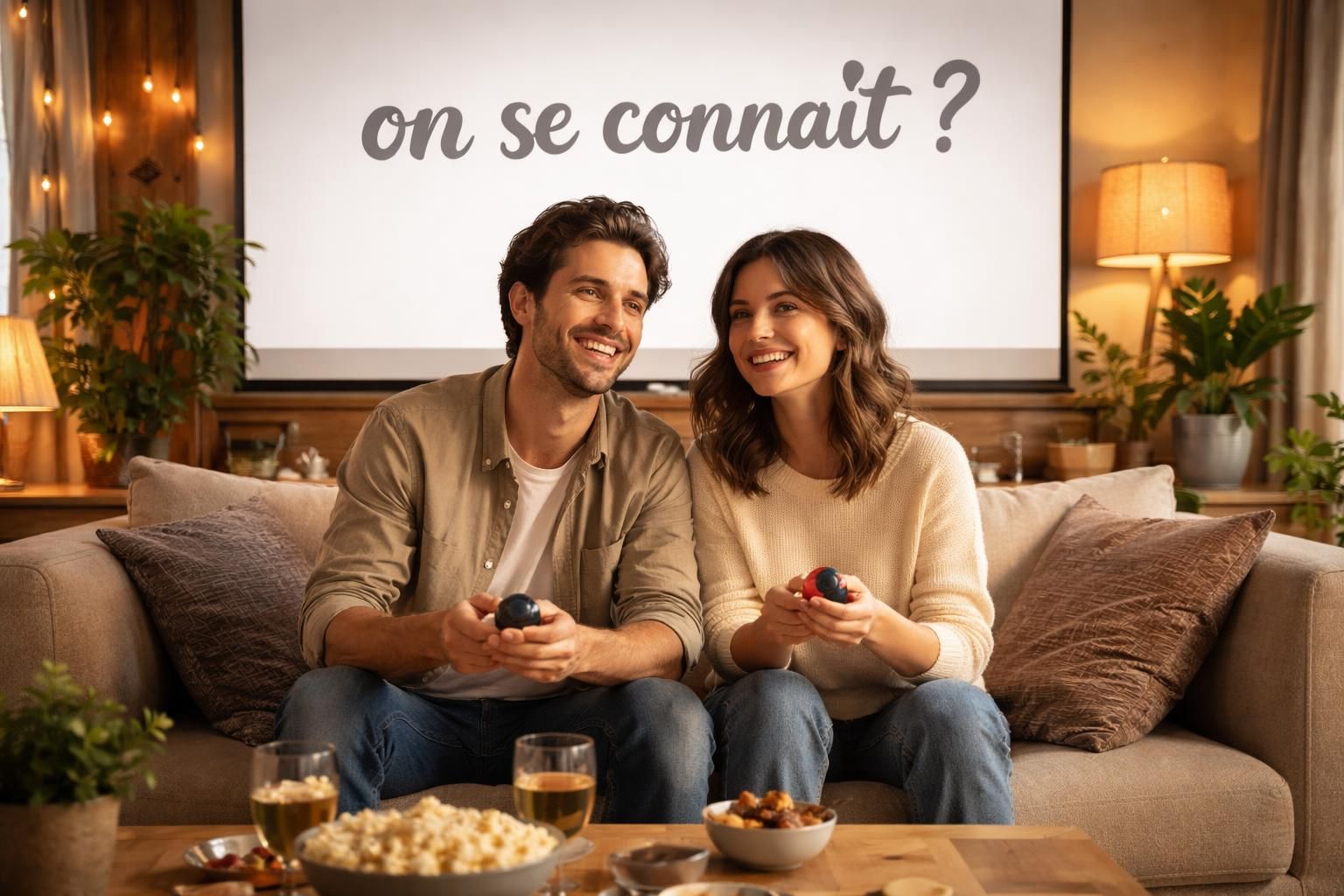 testez votre complicité avec notre quiz 'on se connaît ?' spécialement conçu pour les couples, affiché sur écran de projection pour des moments ludiques et complices.